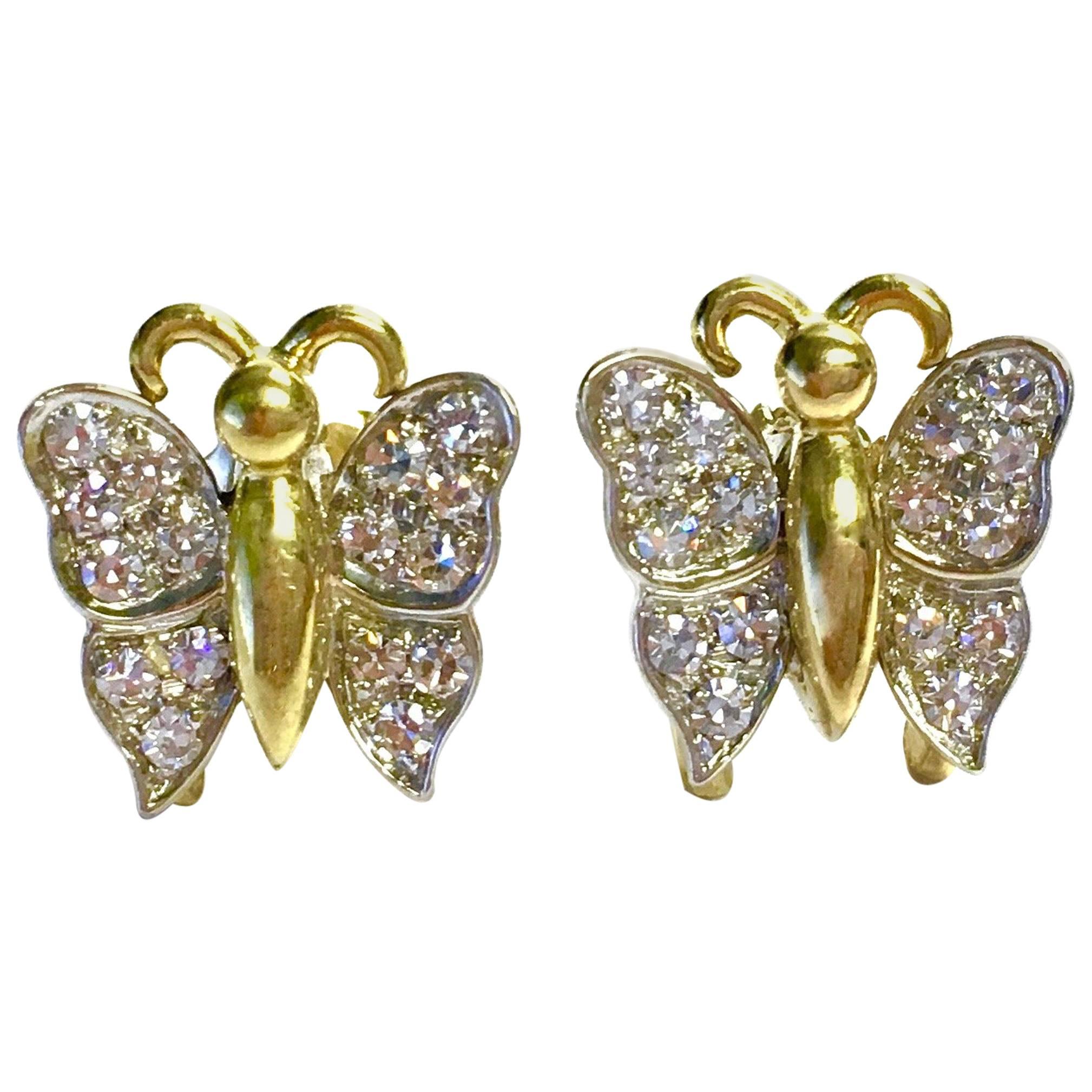 Diamond Set Two Color Gold Butterfly Earrings
