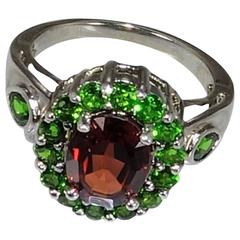 Spessatite Garnet Surrounded by Chrome Diopside in Sterling Silver Ring 3