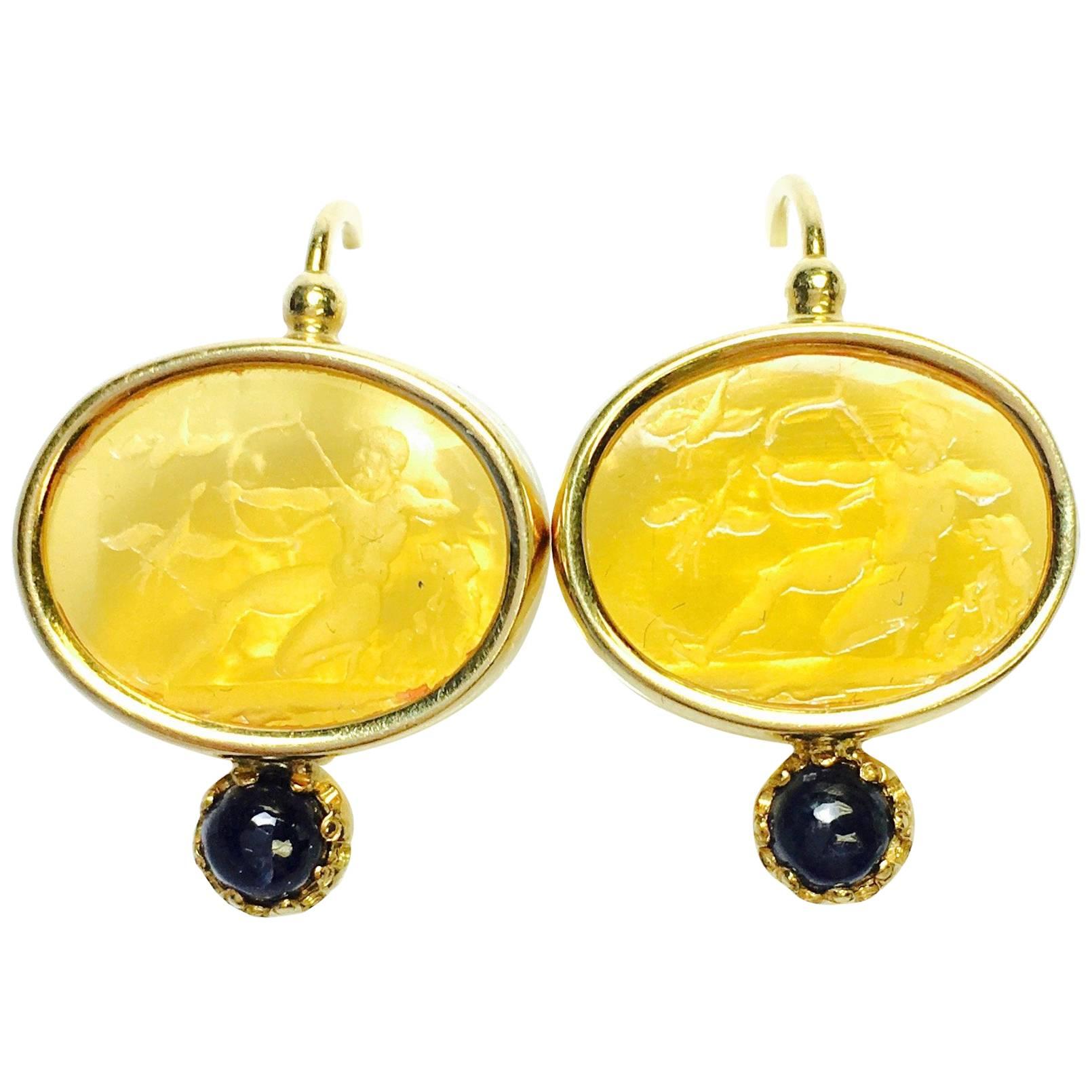 Italian Intaglio Sapphire Yellow Gold Earrings