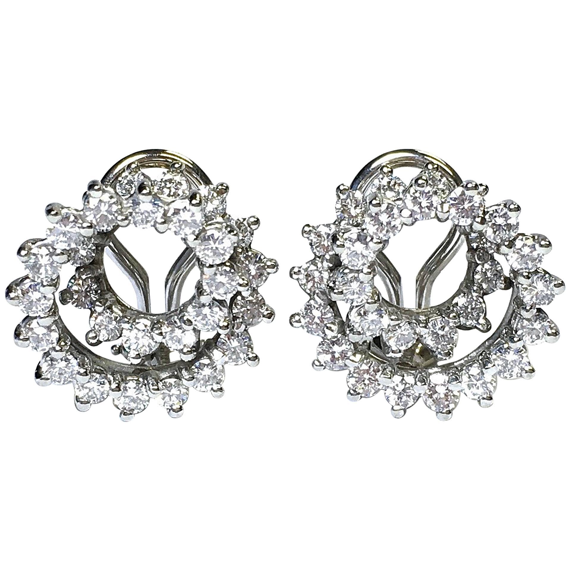 2.25 Carat Diamond White Gold Swirl Earrings For Sale