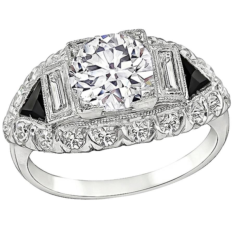 Art Deco 1.61 Carat GIA Diamond Onyx Platinum Ring