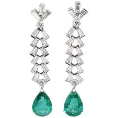 Platinum Pear Shape Emerald Drops and Diamonds Earrings