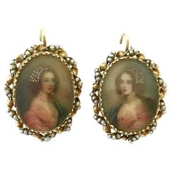 Antique Seed Pearl Gold Portrait Earrings