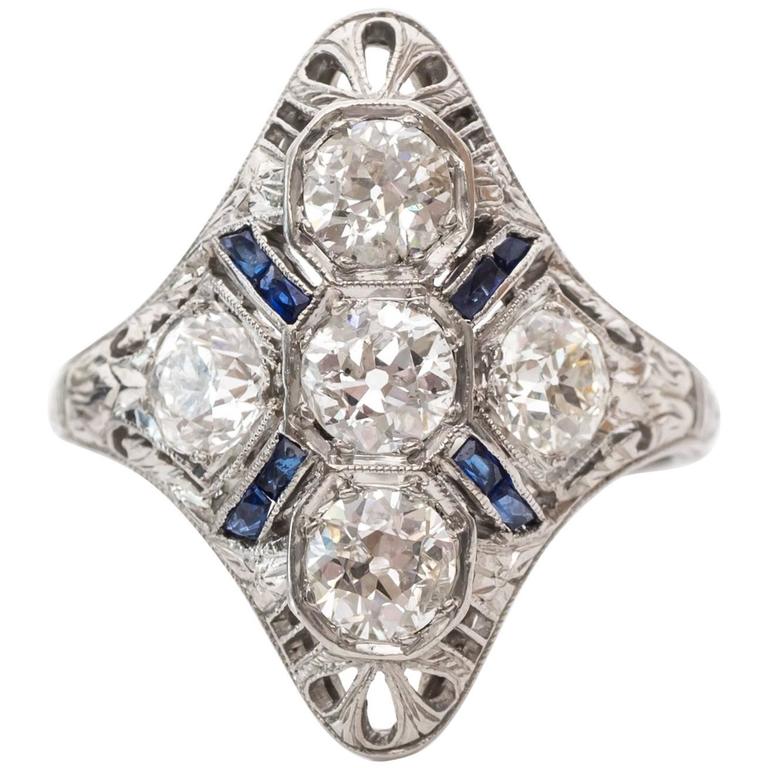1920s Art Deco 1.50 Carat Ornate Old Mine Diamond and Sapphire Shield ...