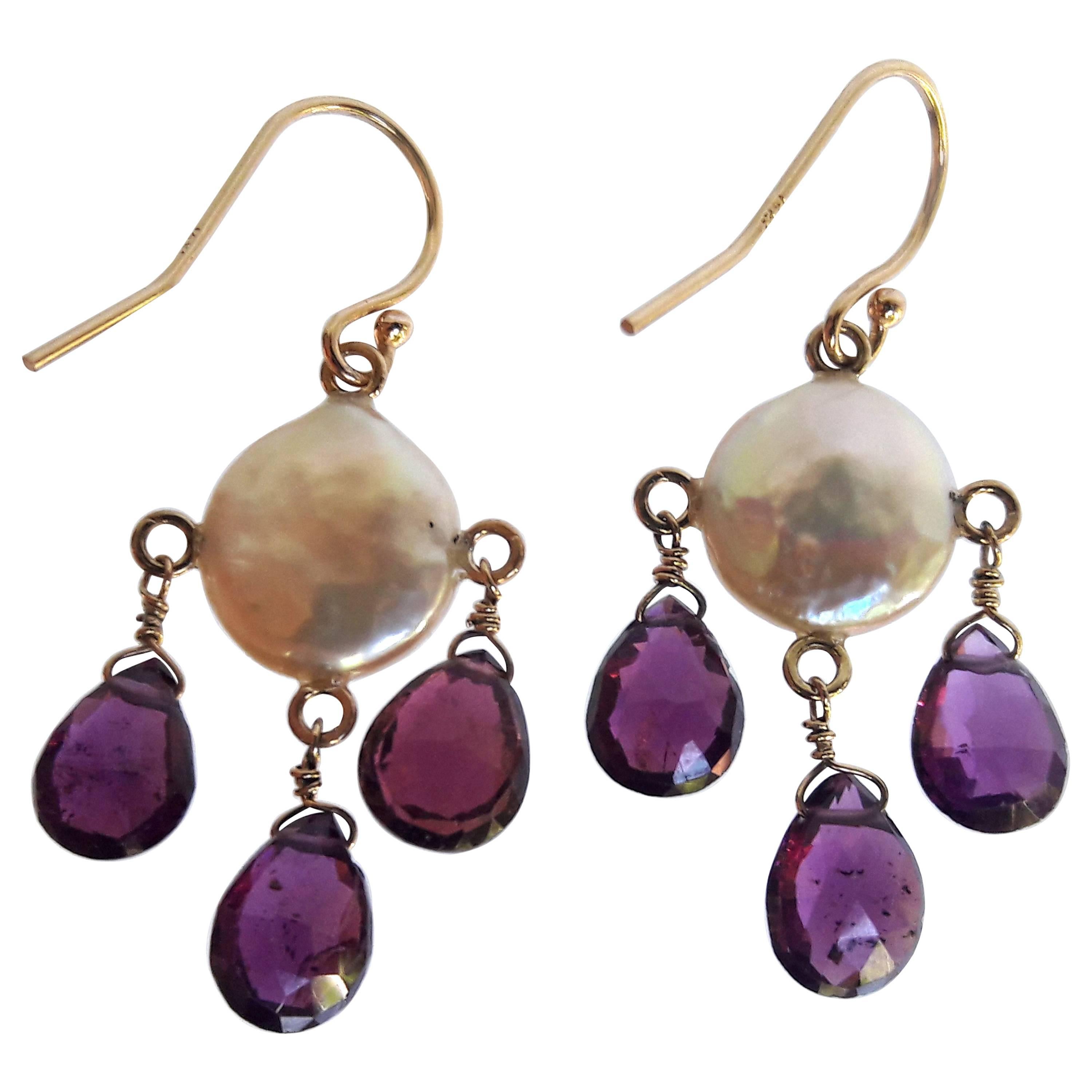 Marina J White Coin Pearl and Tourmaline Teardrop with 14K Yellow Gold Earrings