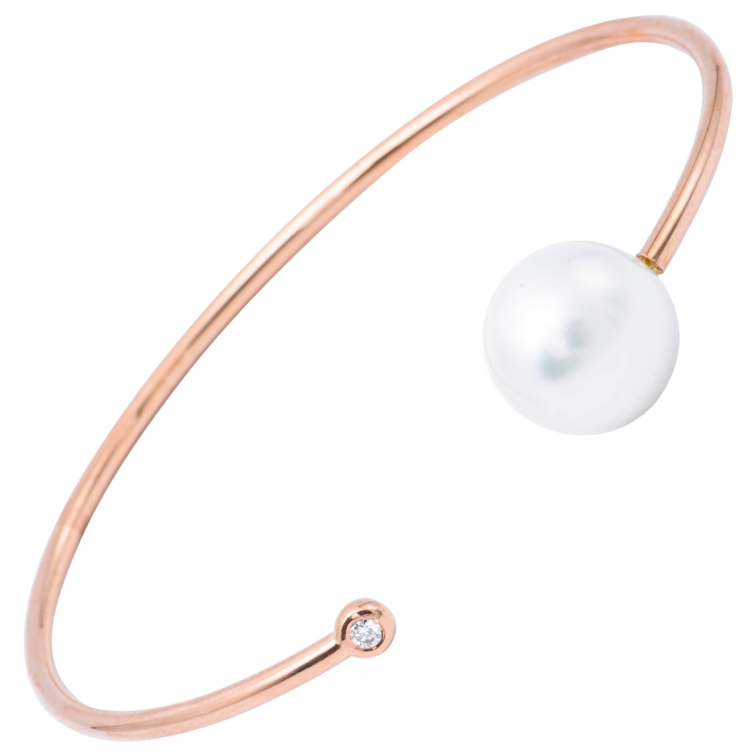 South Sea Pearl Diamond Open Bangle Bracelet 11-12 MM 0.06 Carats 18K Rose Gold