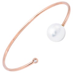 Bracelet jonc ouvert en or rose 18 carats avec perles des mers du Sud et diamants 11-12 mm (0,06 carat)