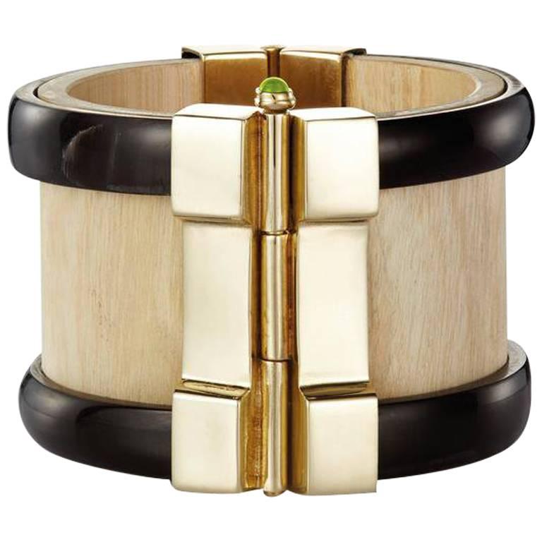 Fouche Bespoke Horn Wood Peridot Emerald Ruby Cuff Bracelet For Sale