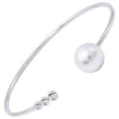 South Sea Pearl and Three Diamonds White Gold Bangle Bracelet 7