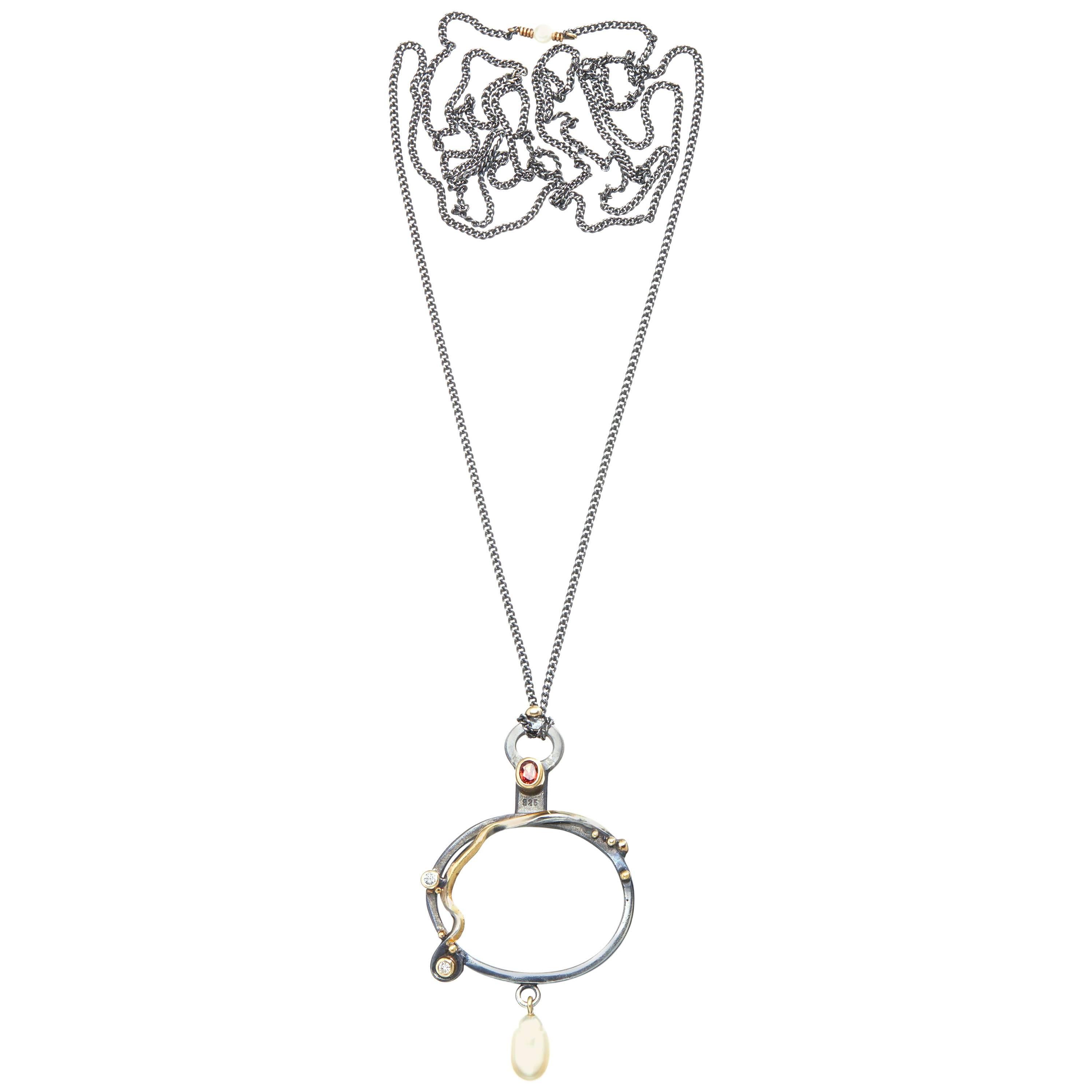 Bergsoe Sapphire Pearl Diamond Silver Gold Monocle Necklace For Sale