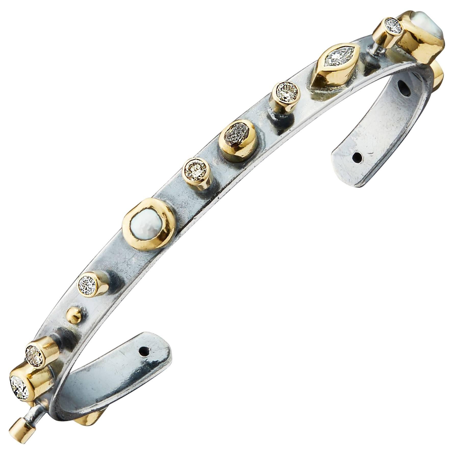 Bergsoe Pearl Diamond Silver Gold Bracelet For Sale
