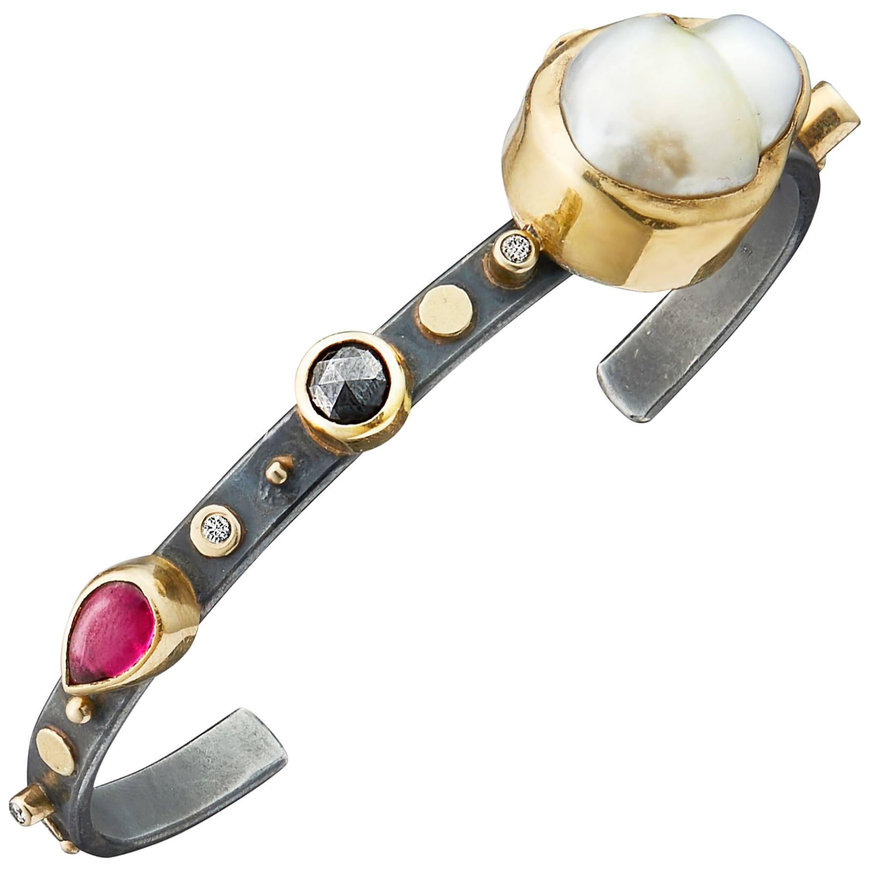 Bergsoe Pearl Ruby Diamond Silver Gold Bracelet For Sale