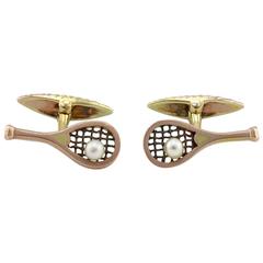 Pair of Antique Russian Natural Pearl and Gold Tennis Racket Cufflinks