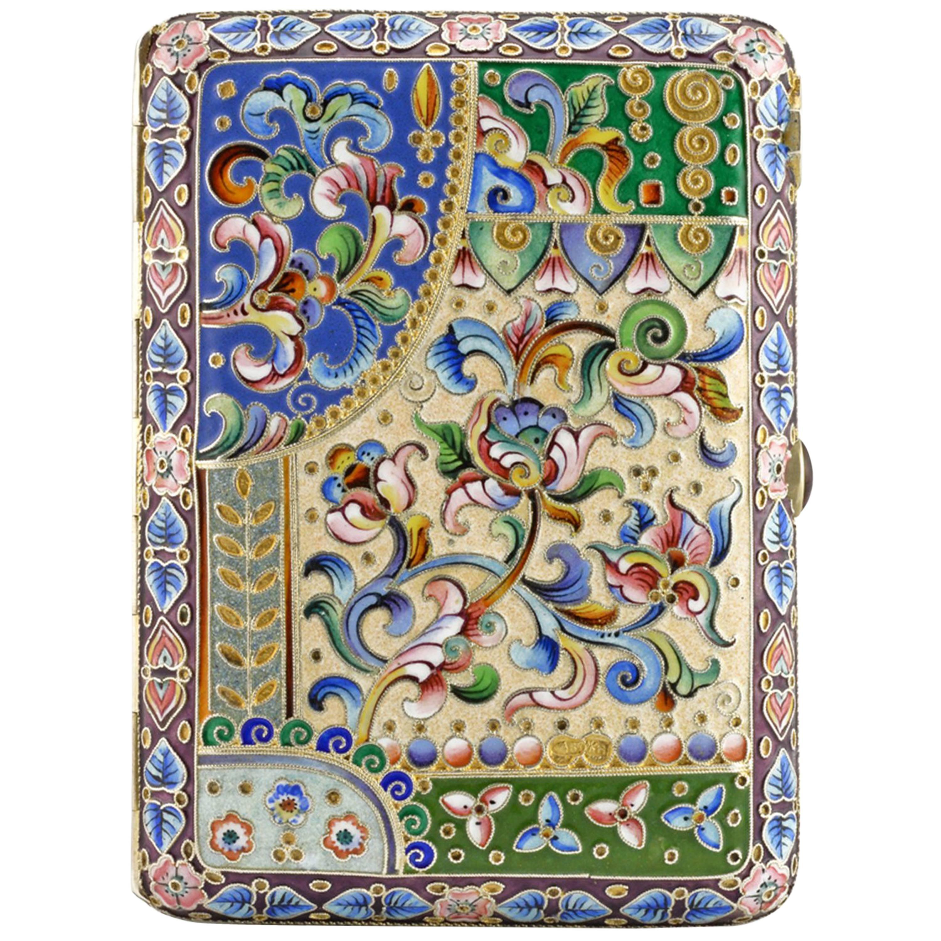 Russian Antique Silver and Shaded Cloisonné Enamel Cigarette Case with Tulips