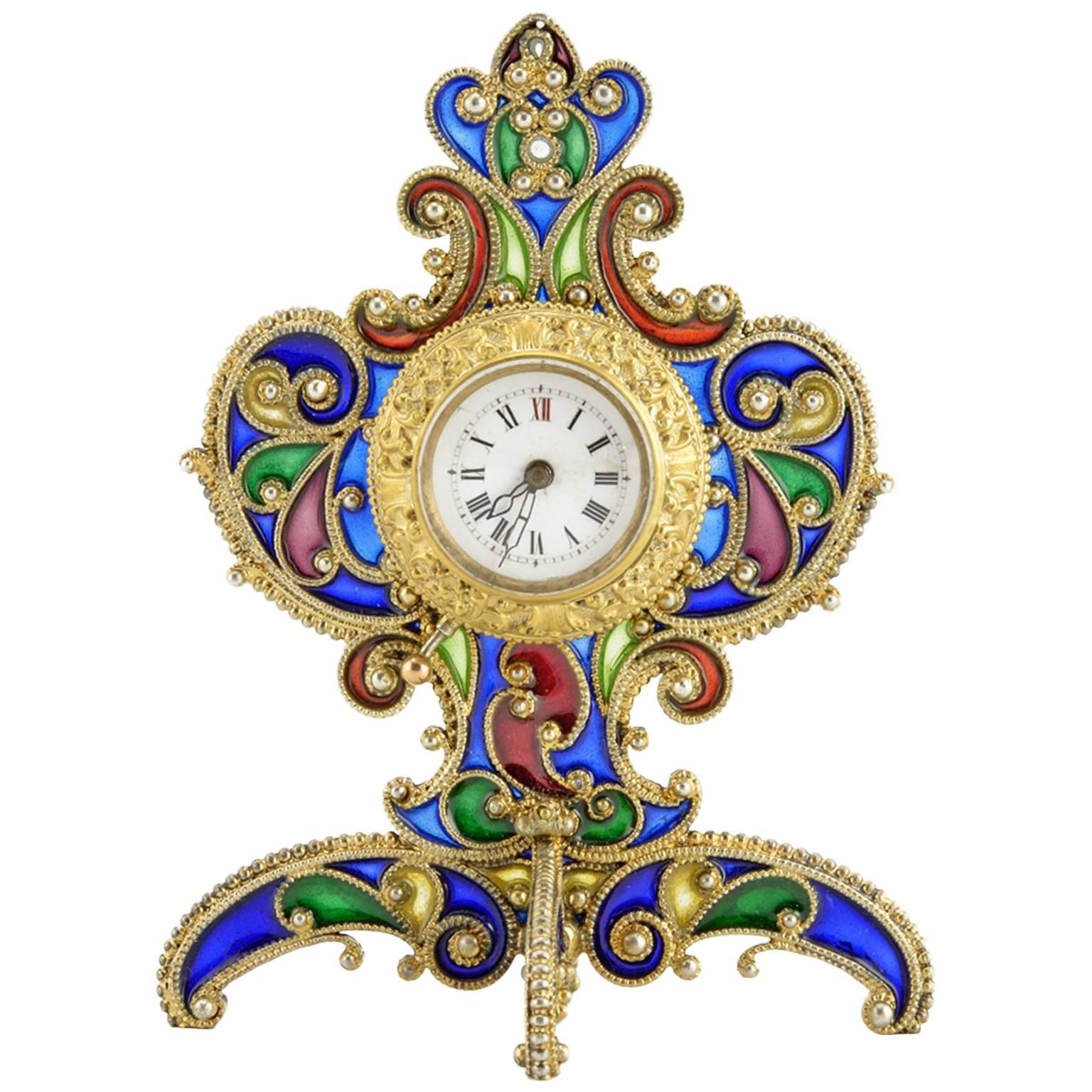 Austrian Art Nouveau Silver Gilt and Plique-à-jour Enamel Desk Clock, circa 1900