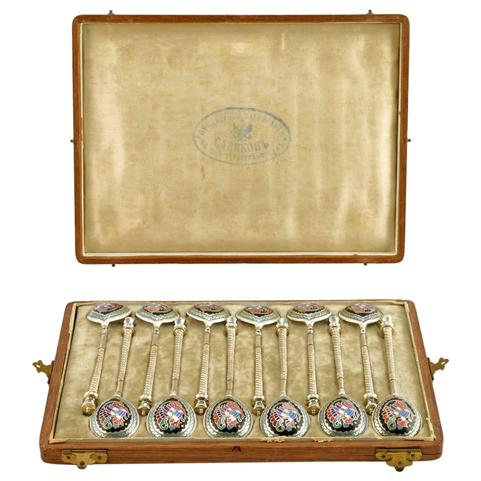 Antique Russian Set of 12 Champlevé Enamel Demitasse Spoons by Sazikov