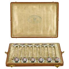 Antique Russian Set of 12 Champlevé Enamel Demitasse Spoons by Sazikov