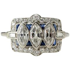 Antique Art Deco Sapphire and Diamond Platinum Set Ring, circa 1920