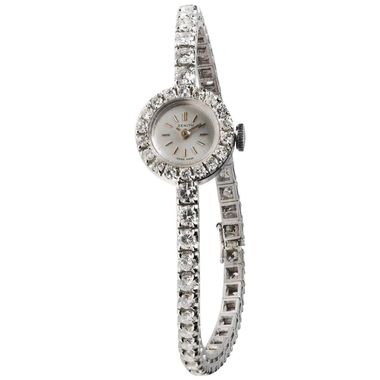 Zenith Ladies White Gold Diamond manual cocktail Wristwatch For Sale
