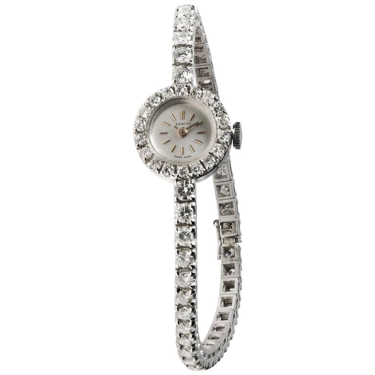 Zenith Ladies White Gold Diamond manual cocktail Wristwatch For Sale at