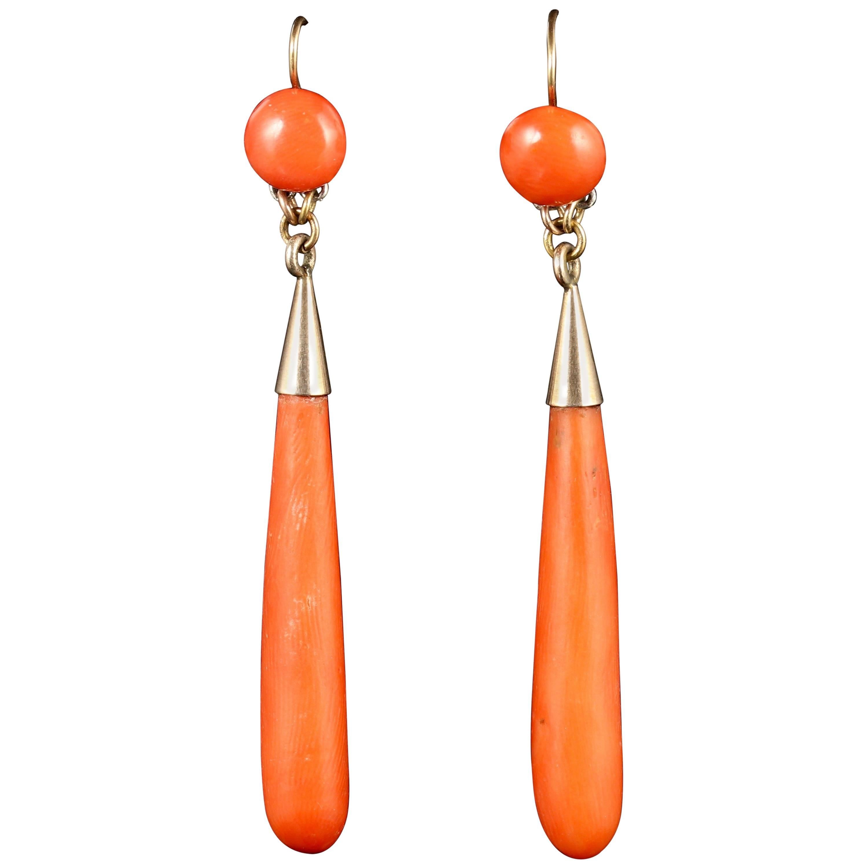 Antique Victorian Coral Gold Long Earrings, circa 1880