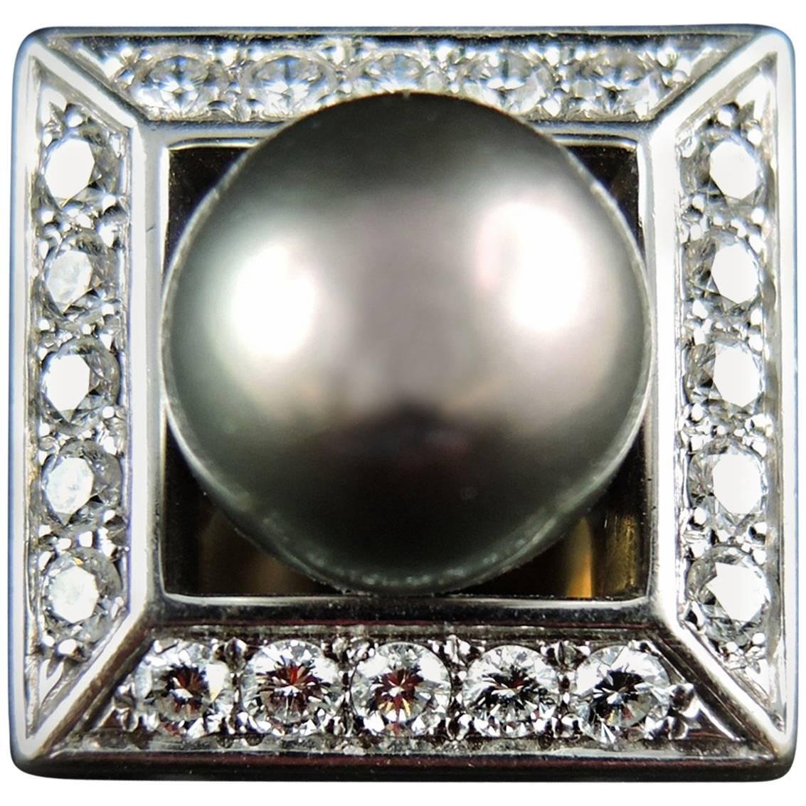 Tahitian Black Pearl and Diamonds French Ring