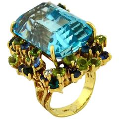 35.50 Carat Aquamarine Peridot Diamond Sapphire Gold Ring 2