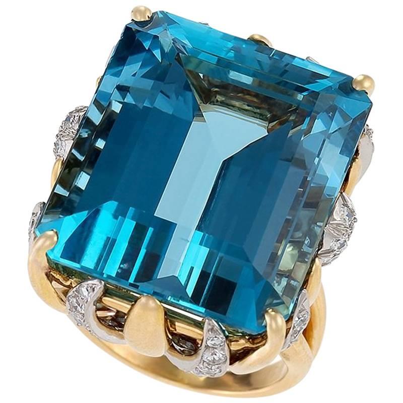 Ruser 1960's Aquamarine Diamond Gold and Platinum Ring