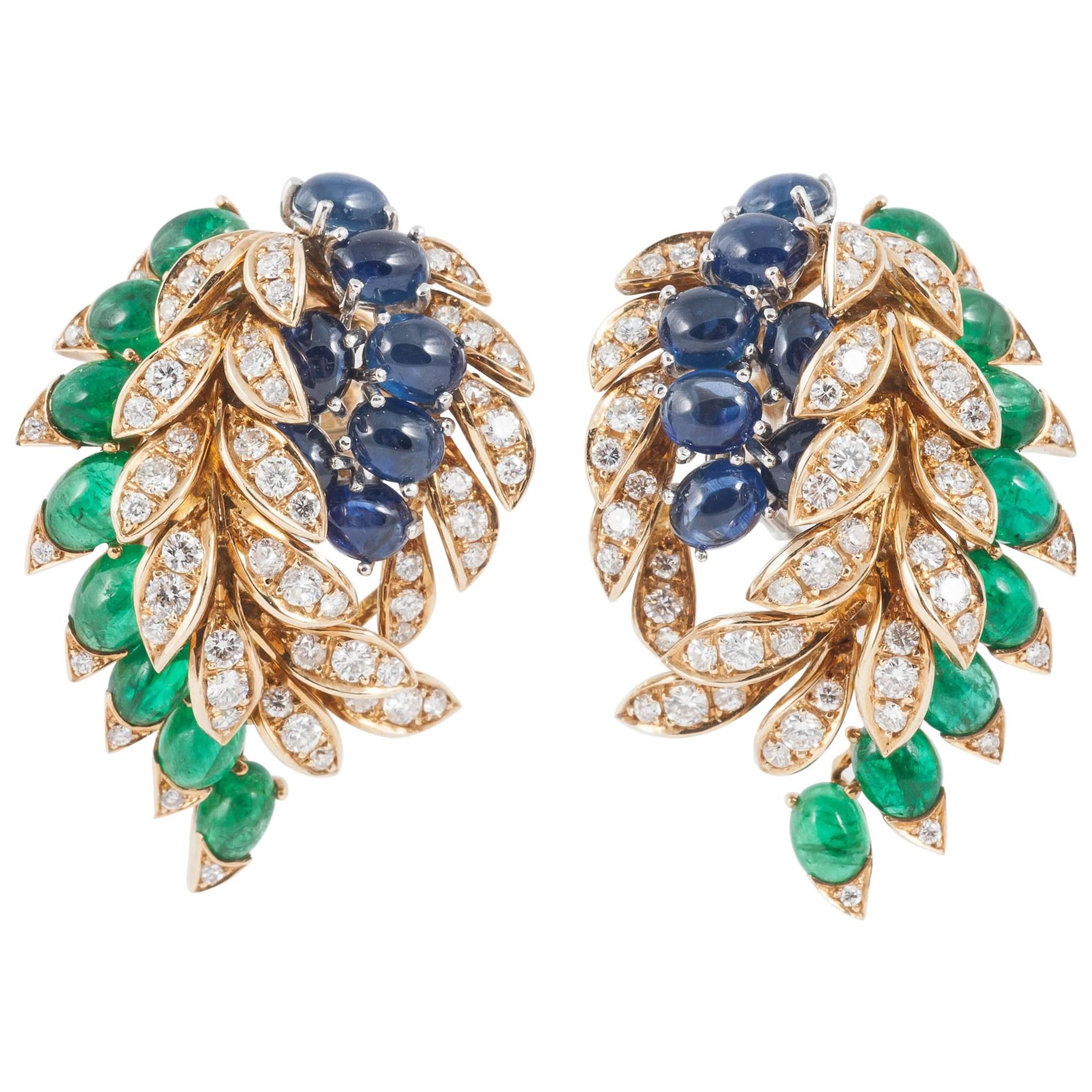 Fasano Turin Italy Multi Gem Set Gold Clip-On Earrings For Sale