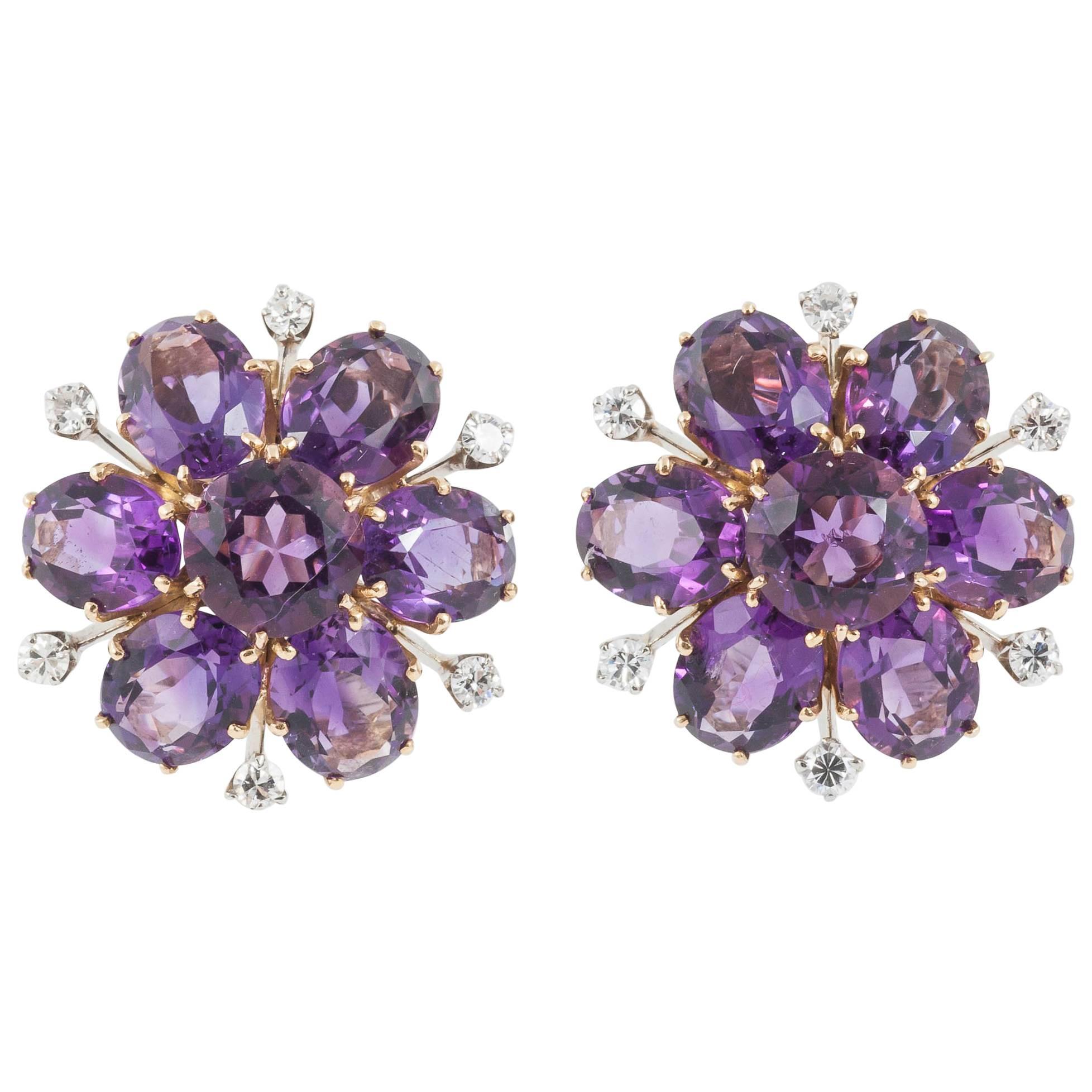 Stunning Amethyst and Diamond Round Cluster Ear Clips For Sale