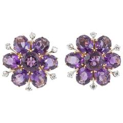 Stunning Amethyst and Diamond Round Cluster Ear Clips