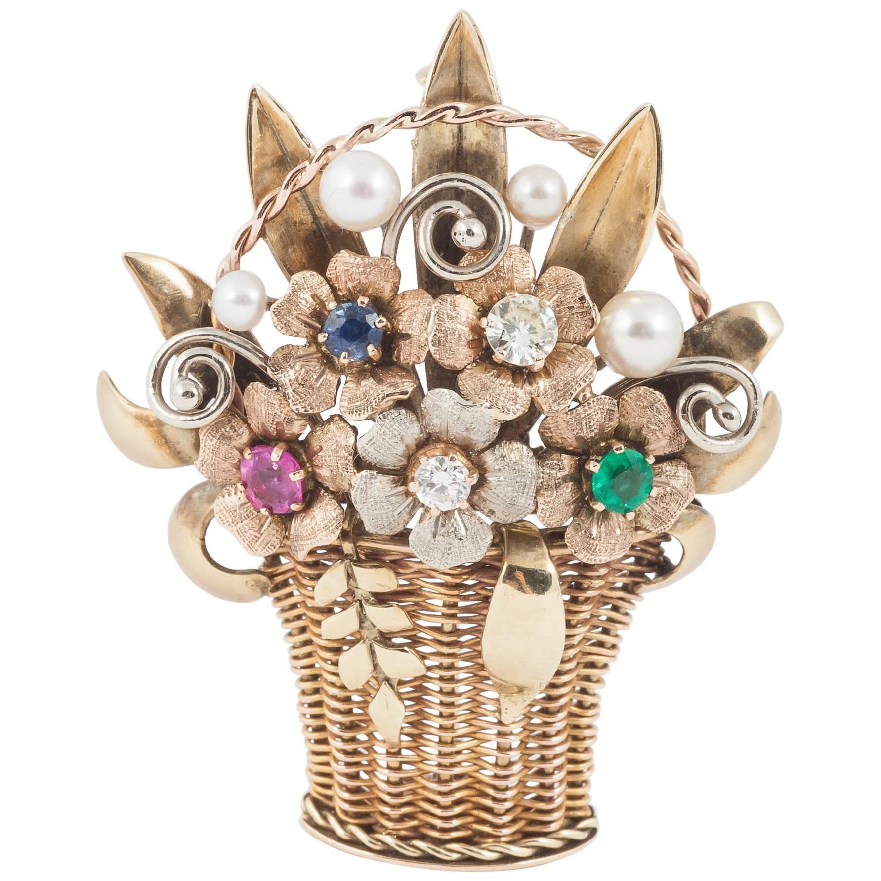 Basket Brooch with Multi Gem Flowers and Cultured Pearls For Sale