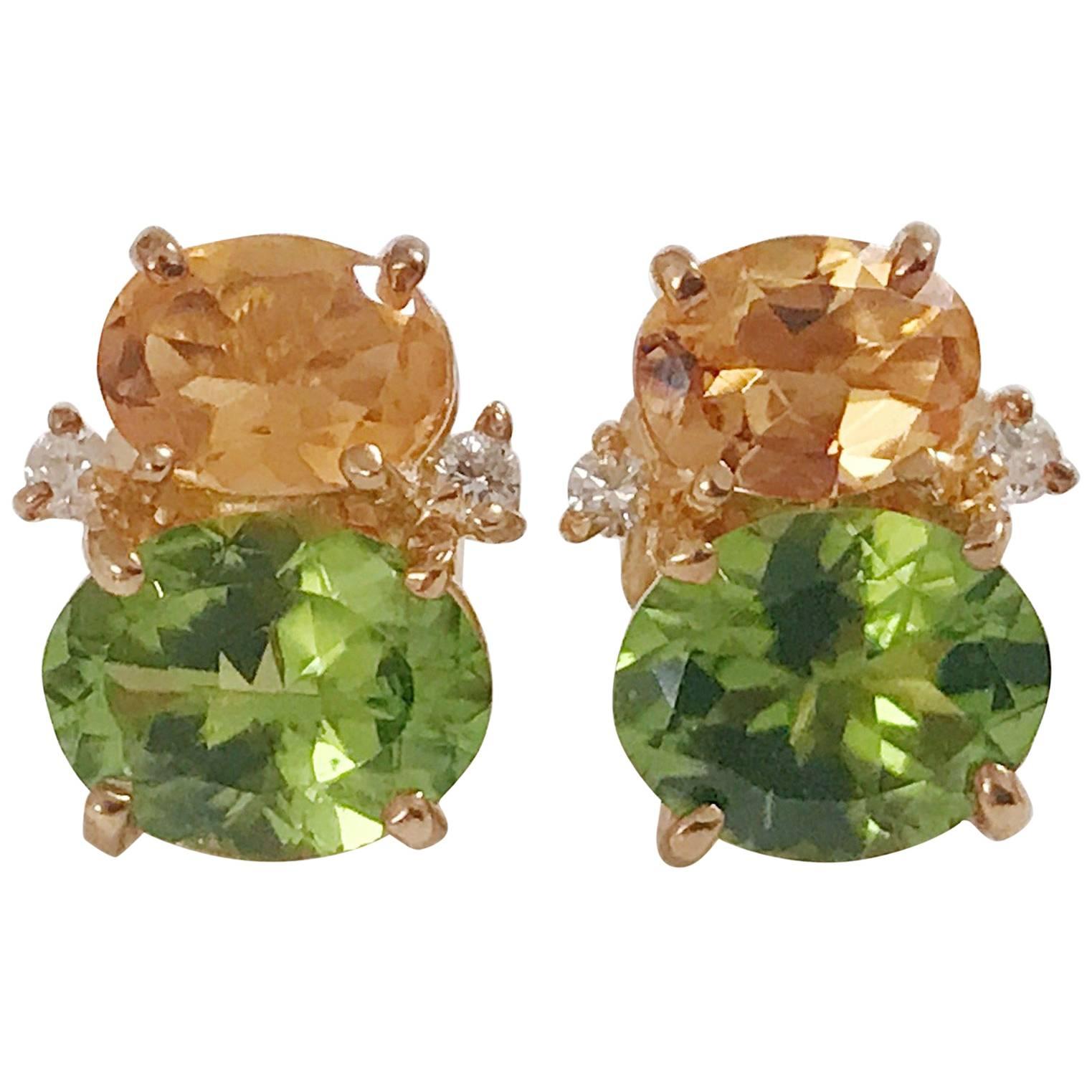 Mini GUM DROP Earrings with Citrine and Peridot and Diamonds For Sale