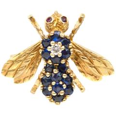 1970s Herbert Rosenthal Sapphire Ruby Diamond Gold Bee Pin