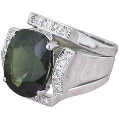 Mid-Century 7.61 Carat Cushion Cut Natural Green Sapphire Ring