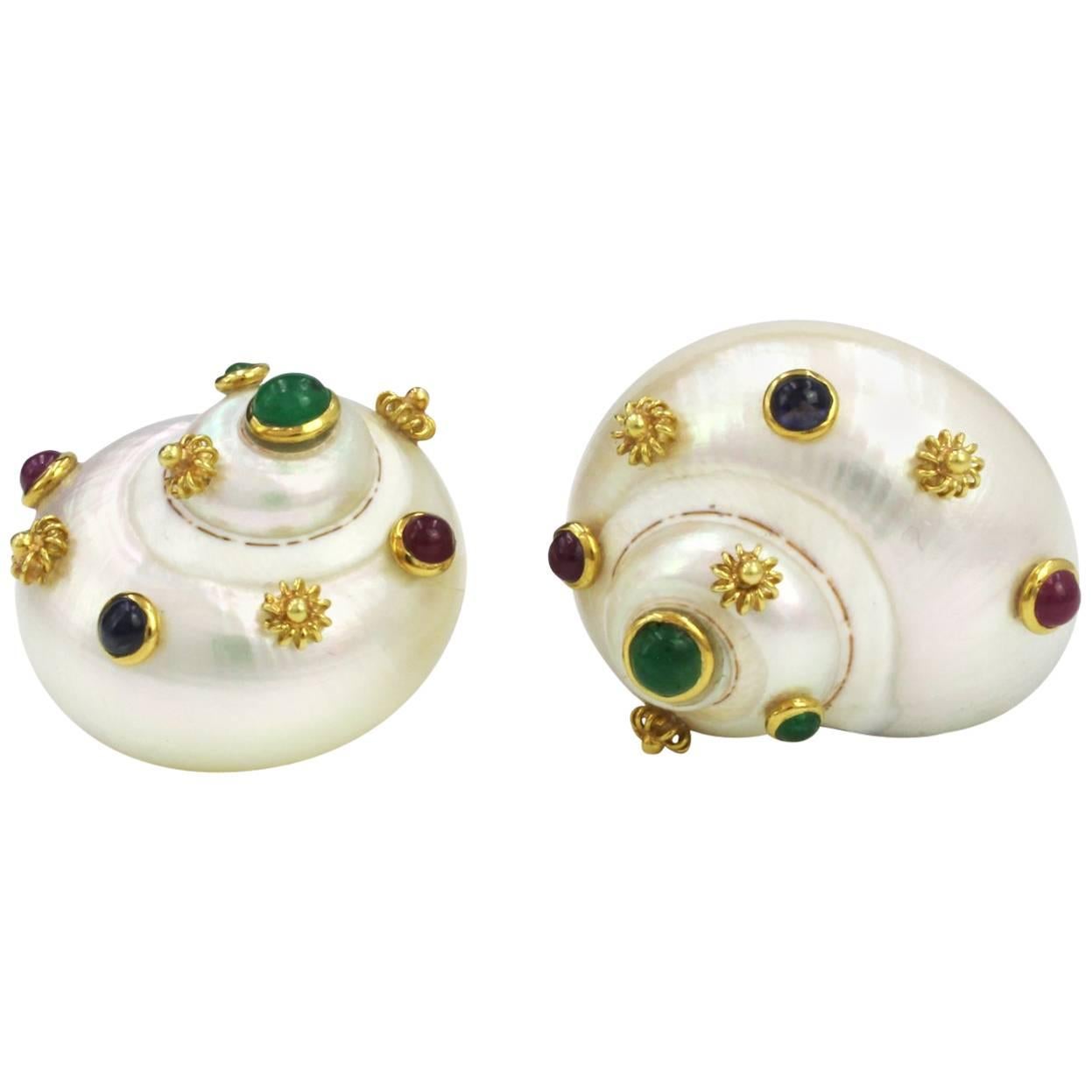 18 Karat MAZ Shell Multigem Emerald Ruby Sapphire Yellow Gold Clip on Earrings  For Sale