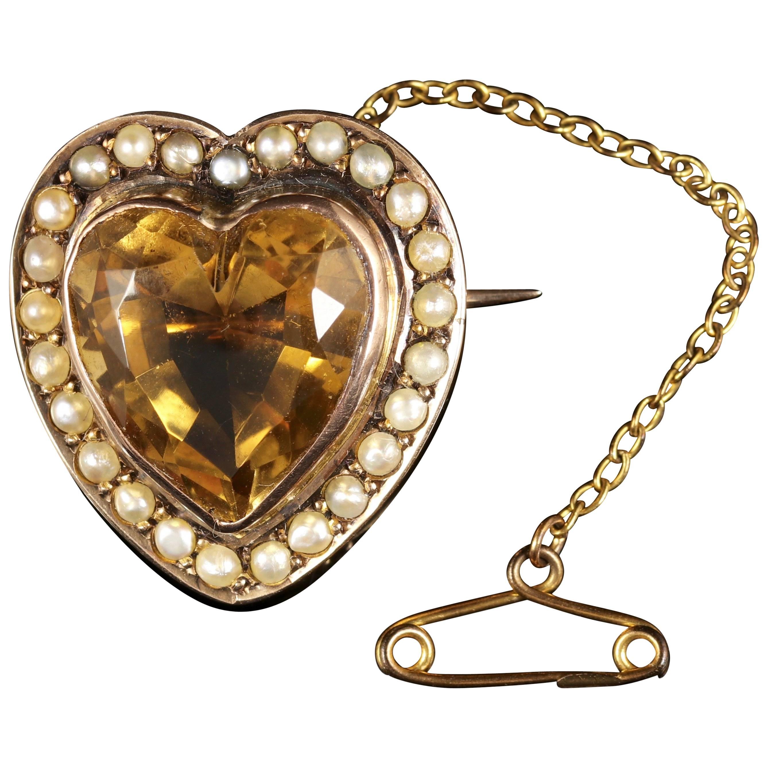 Antique Victorian Citrine Pearl Gold Heart Brooch, circa 1880