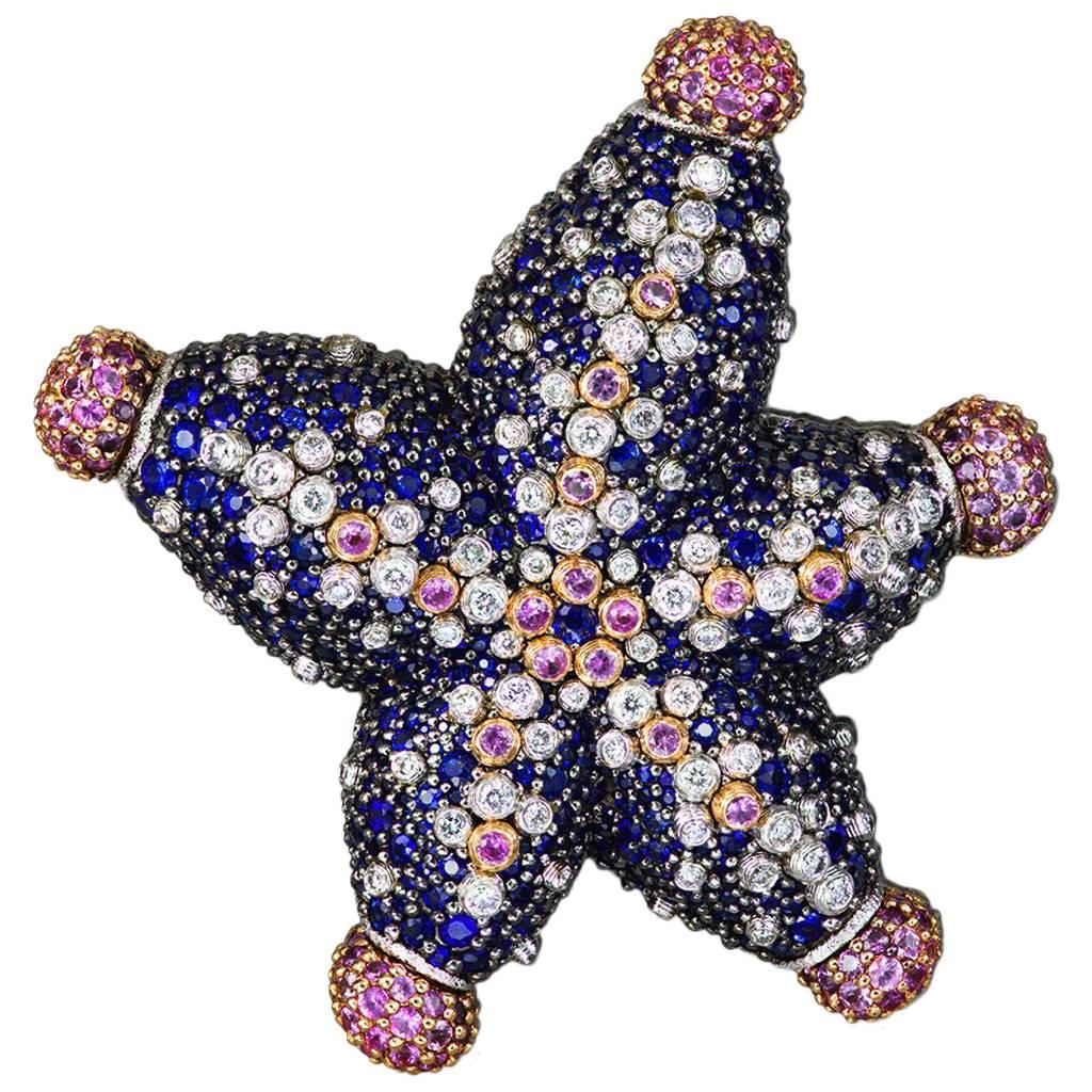 Diamond Blue Pink Sapphire Gold Nautical Starfish Ring Brooch Pendant Necklace