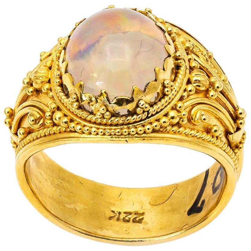 Large Jelly Opal Gold Ring with Intricate Granular Detail
