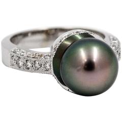 Cultured Black Pearl White Gold Ring 7
