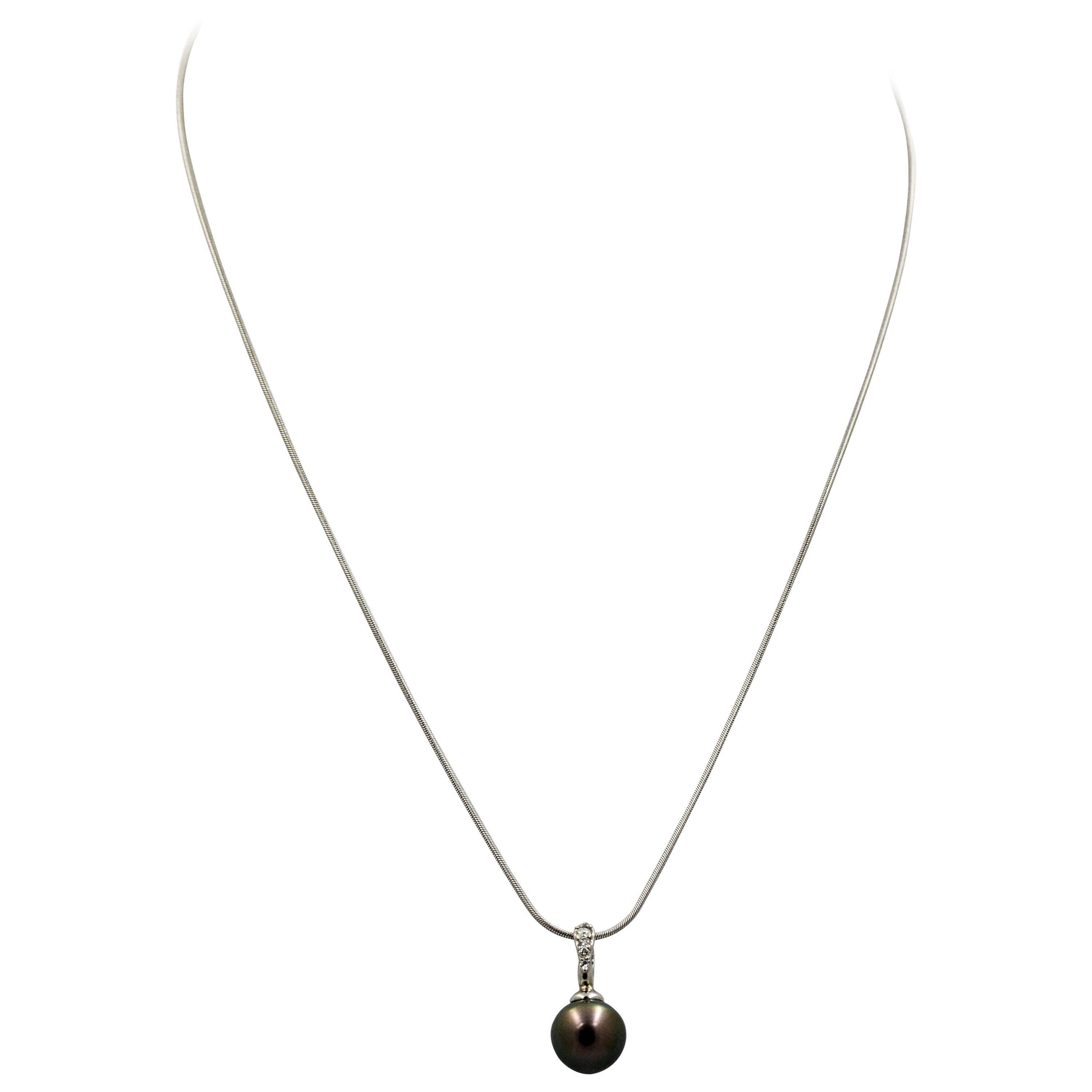 Classic Cultured Black Pearl Drop Pendant and White Gold Snake Chain