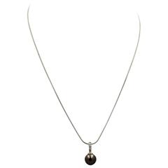 Vintage Classic Cultured Black Pearl Drop Pendant and White Gold Snake Chain