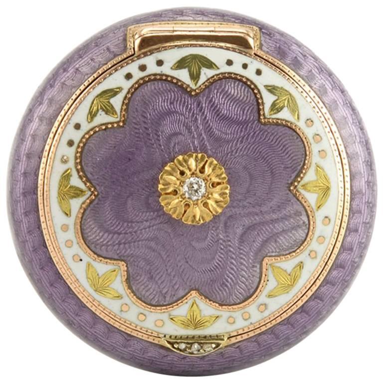 Russian Imperial Diamond-Set and Gold-Mounted Guilloché Enamel Pillbox