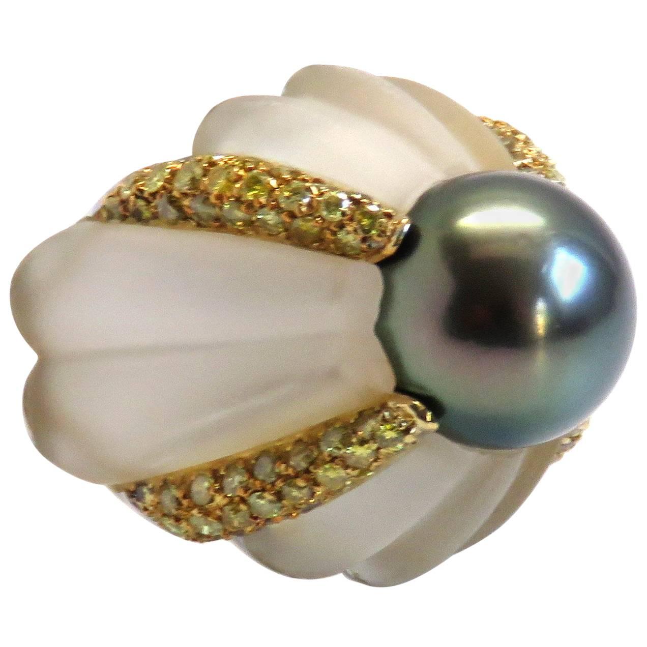 Salavetti Rock Crystal Tahitian Pearl Fancy Diamond Gold Cocktail Ring
