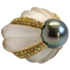 Rock Crystal Tahitian Pearl Fancy Diamond Gold Cocktail Ring 9