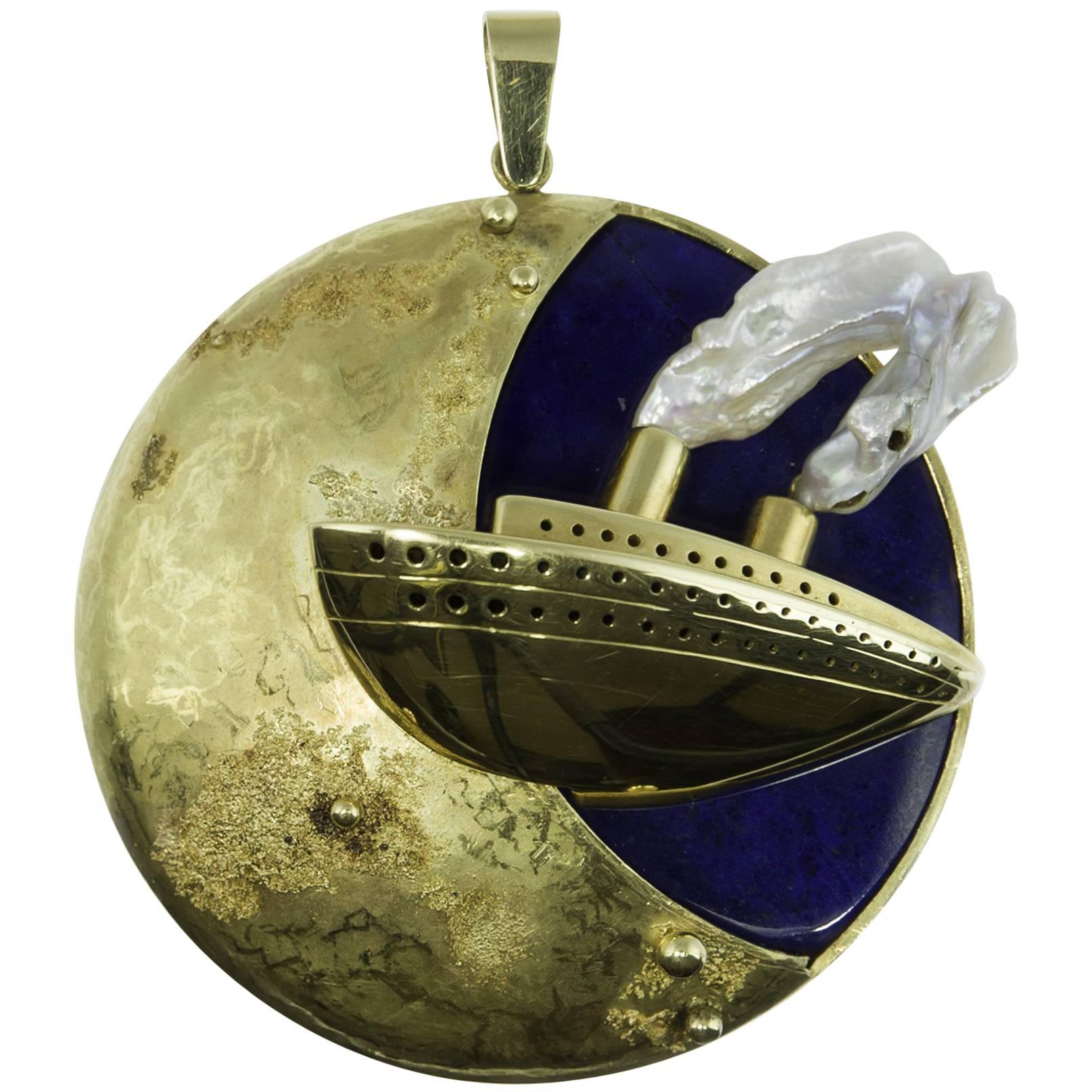 Negri Gioielli 750 18 Karat Gold Silver Lapis Lazuli Pearl Pendant