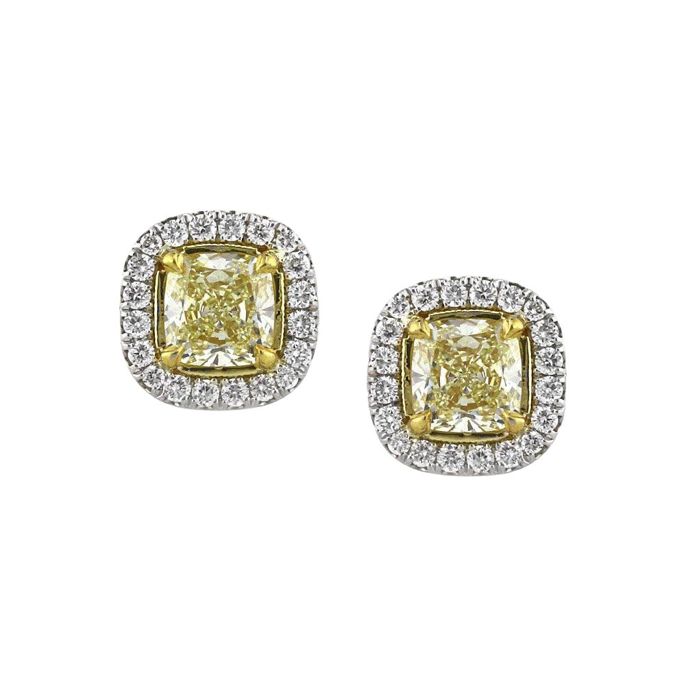 1.30ct Fancy Light Yellow Cushion Cut Diamond Halo Stud Earrings