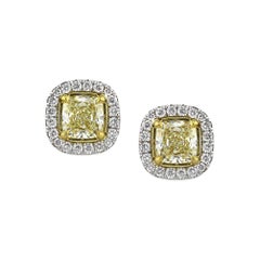 1.30ct Fancy Light Yellow Cushion Cut Diamond Halo Stud Earrings