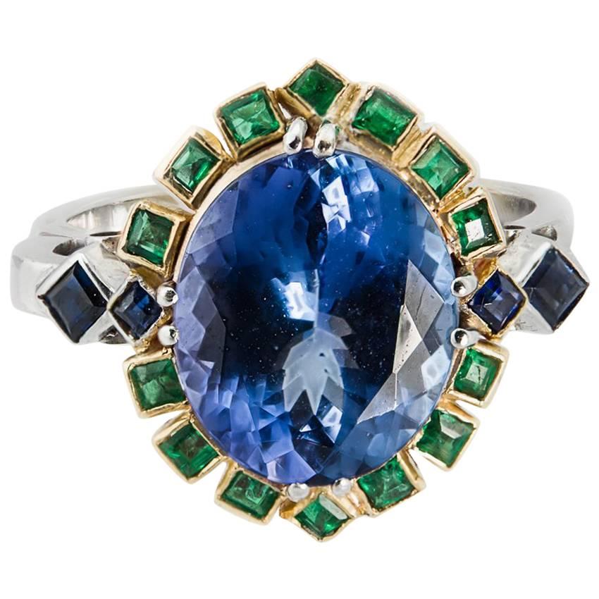 Diz Design 18KGold Tanzanite 4 7ct Sapphire 0 18ct Emerald 0 21 Fashion Ring