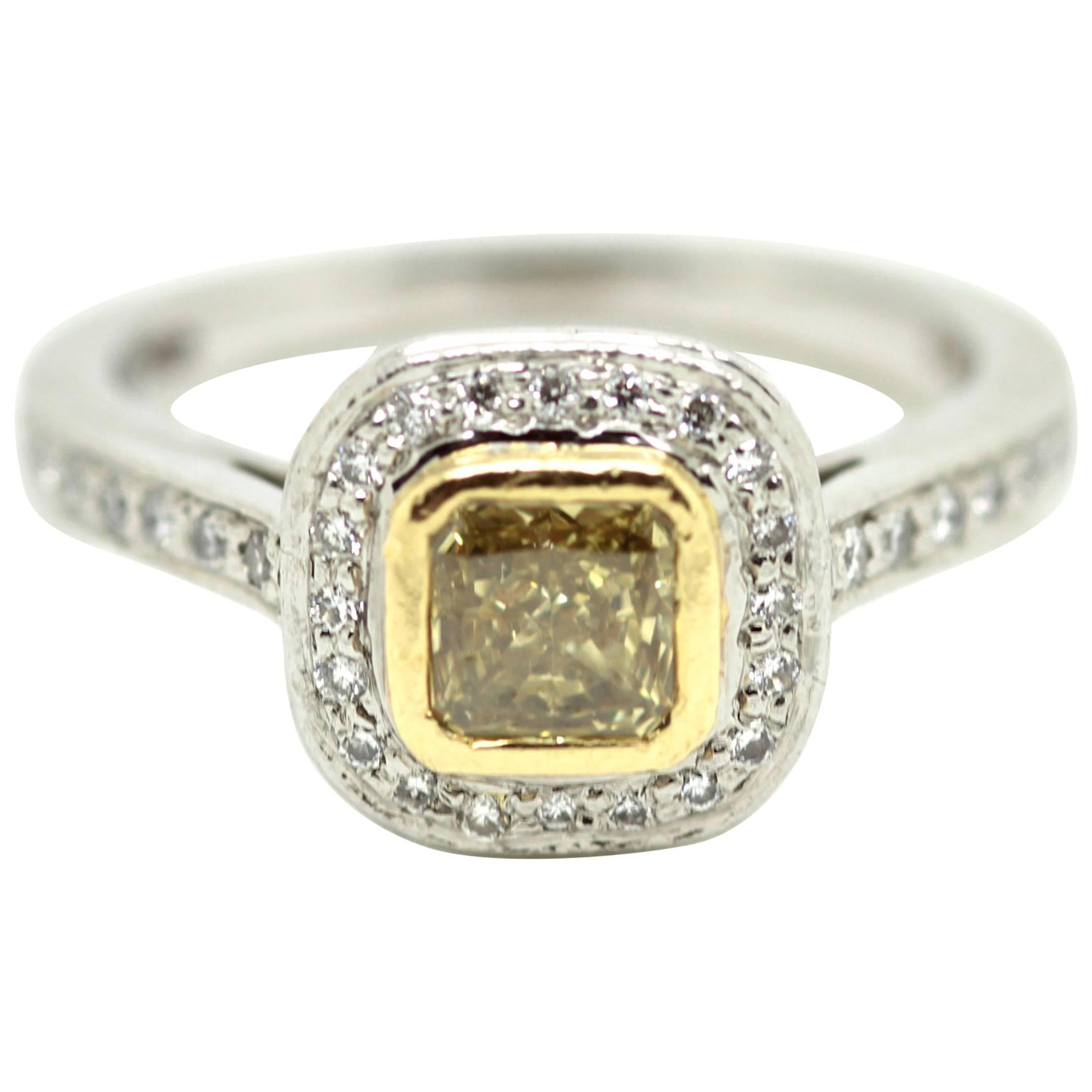 Square Modified Brilliant Fancy Intense Yellow Ring For Sale